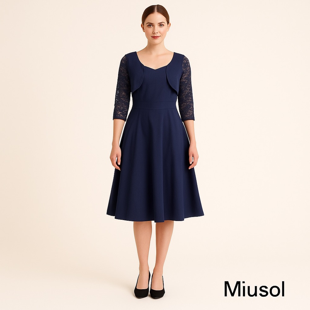 Miusol dress navy blue lace 3/4 sleeves stretchy  A-Line midi small fit & flare